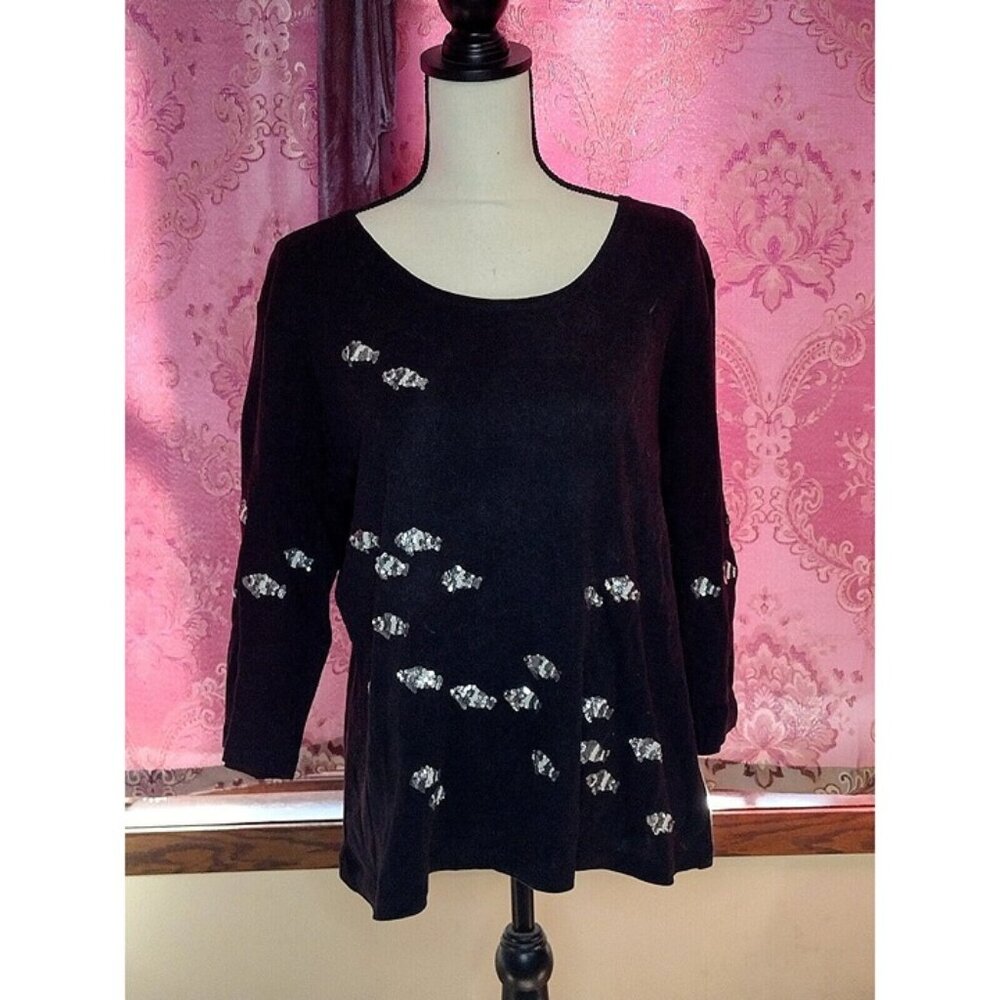 Talbots Fish Applique T-Shirt Women Small Black Sequin Cotton P XL